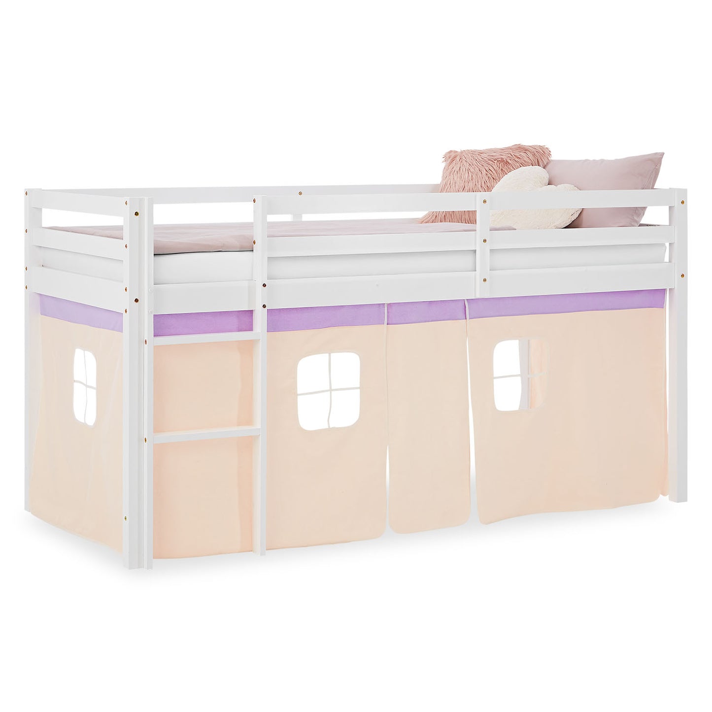 Hochbett Kinder 90x200 cm Weiss mit Vorhang in Lila Beige | ohne Lattenrost