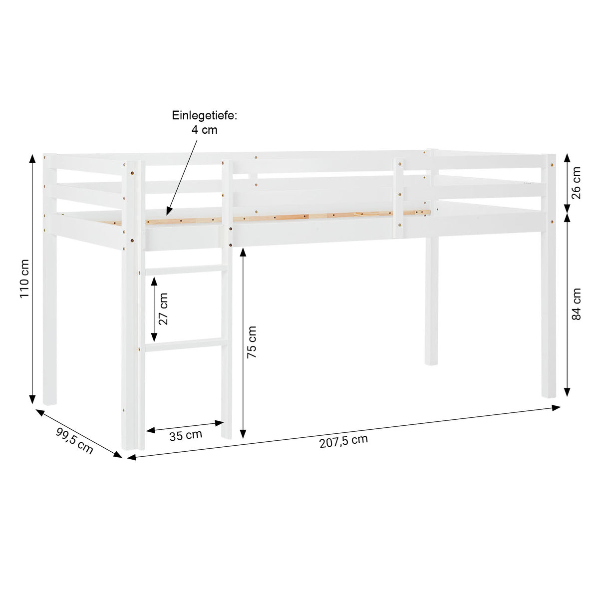Hochbett Kinder 90x200 cm Weiss mit Vorhang in Lila Beige | ohne Lattenrost
