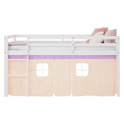Hochbett Kinder 90x200 cm Weiss mit Vorhang in Lila Beige | ohne Lattenrost