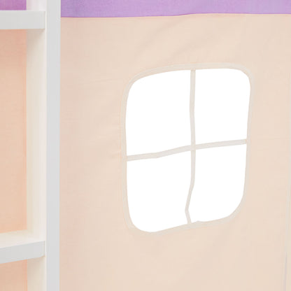 Hochbett Kinder 90x200 cm Weiss mit Vorhang in Lila Beige | ohne Lattenrost