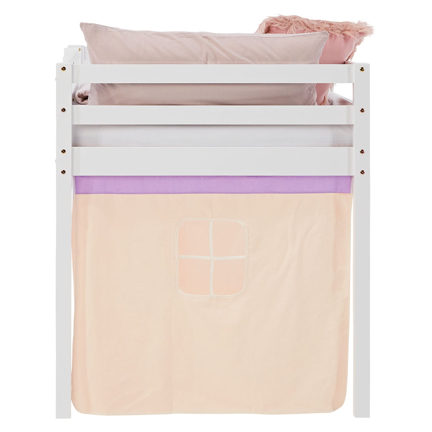 Hochbett Kinder 90x200 cm Weiss mit Vorhang in Lila Beige | ohne Lattenrost