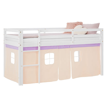 Hochbett Kinder 90x200 cm Weiss mit Vorhang in Lila Beige | ohne Lattenrost