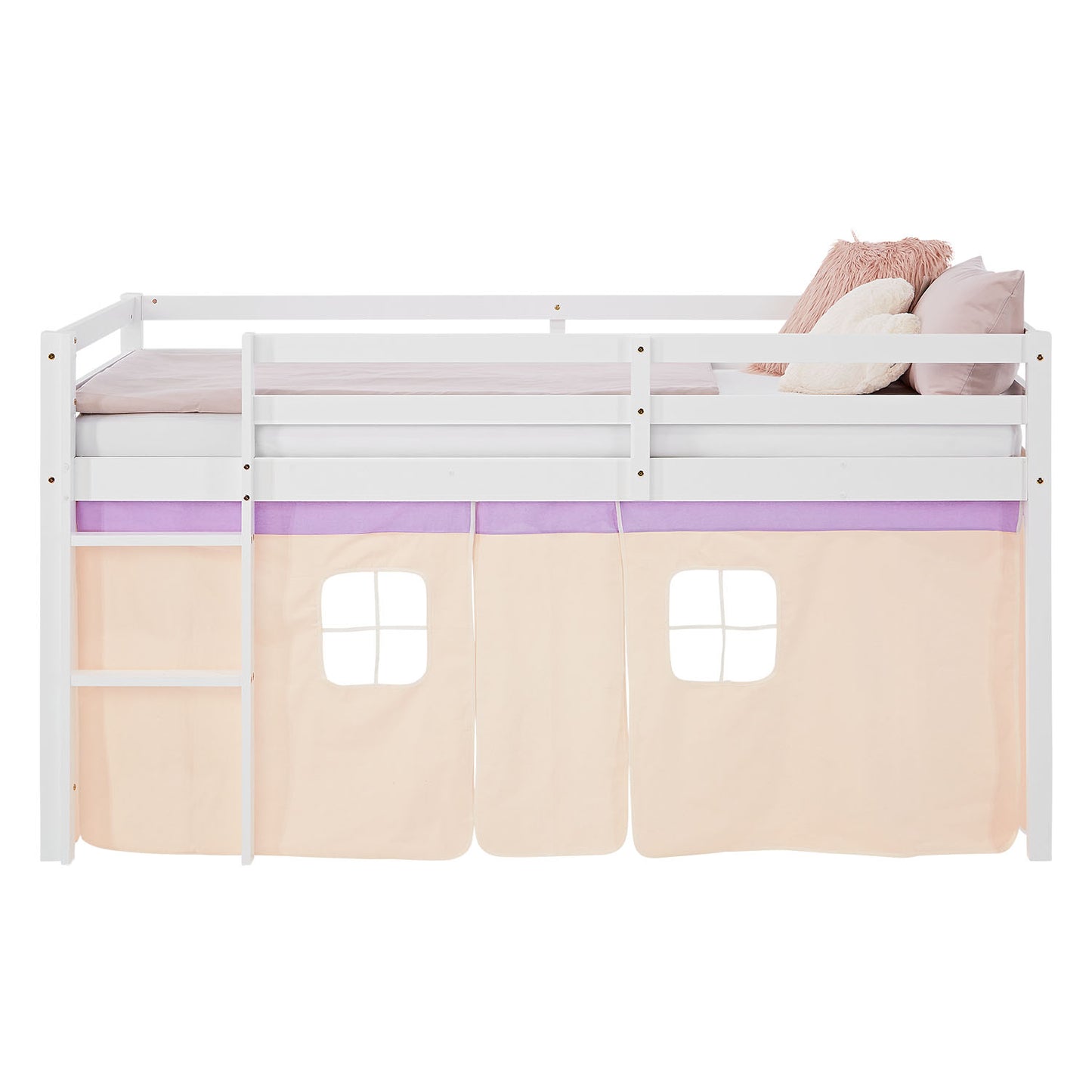 Hochbett Kinder 90x200 cm Weiss mit Vorhang in Lila Beige | ohne Lattenrost