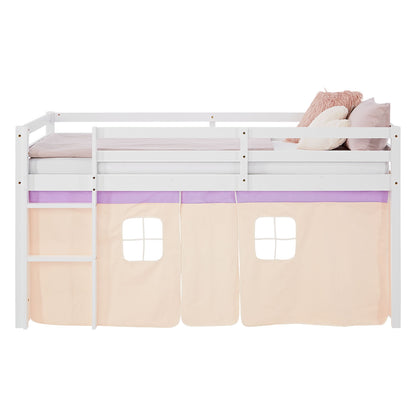 Hochbett Kinder 90x200 cm Weiss mit Vorhang in Lila Beige | ohne Lattenrost