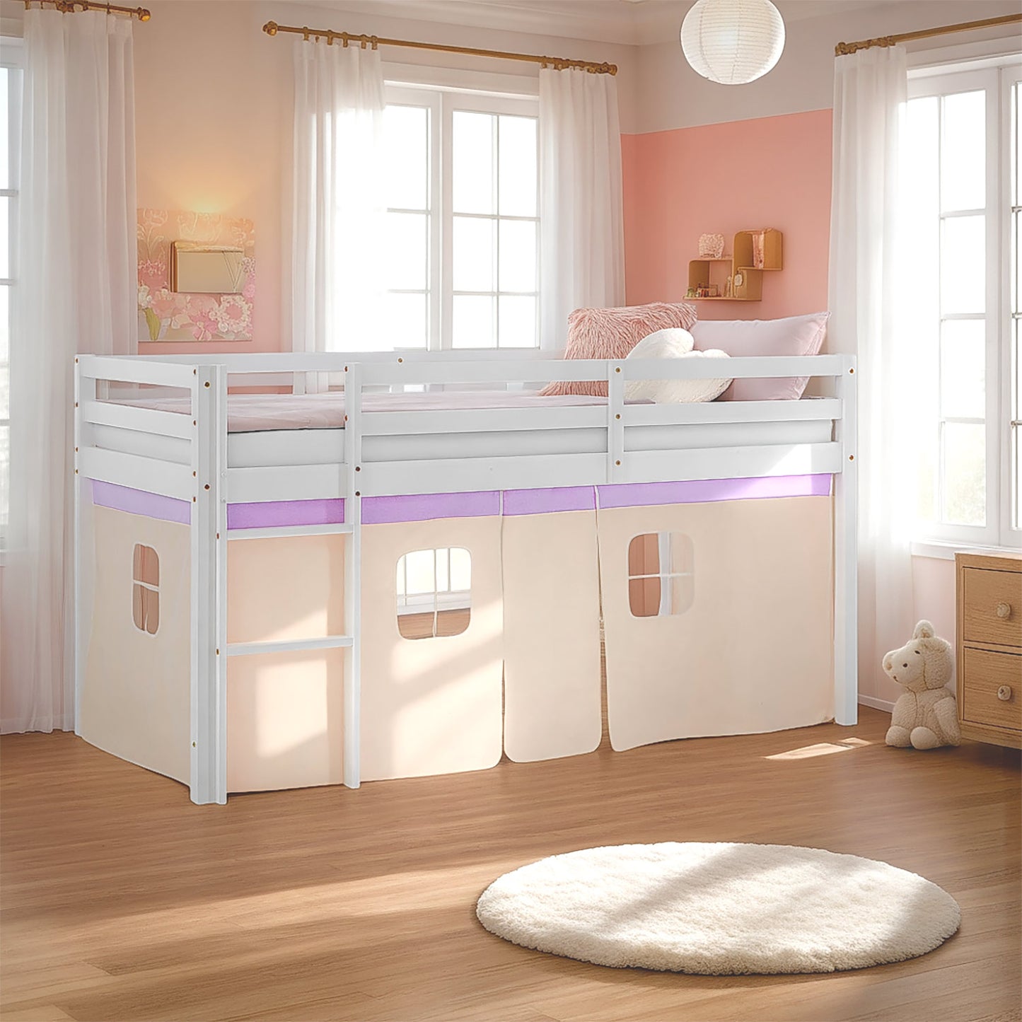 Hochbett Kinder 90x200 cm Weiss mit Vorhang in Lila Beige | ohne Lattenrost