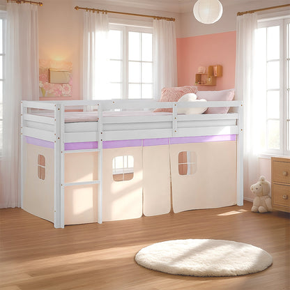 Hochbett Kinder 90x200 cm Weiss mit Vorhang in Lila Beige | ohne Lattenrost