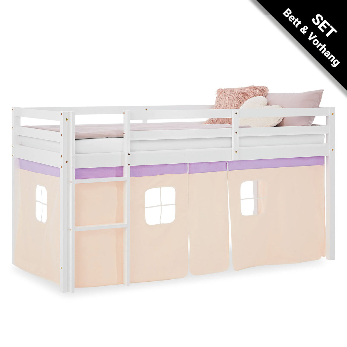 Hochbett Kinder 90x200 cm Weiss mit Vorhang in Lila Beige | ohne Lattenrost