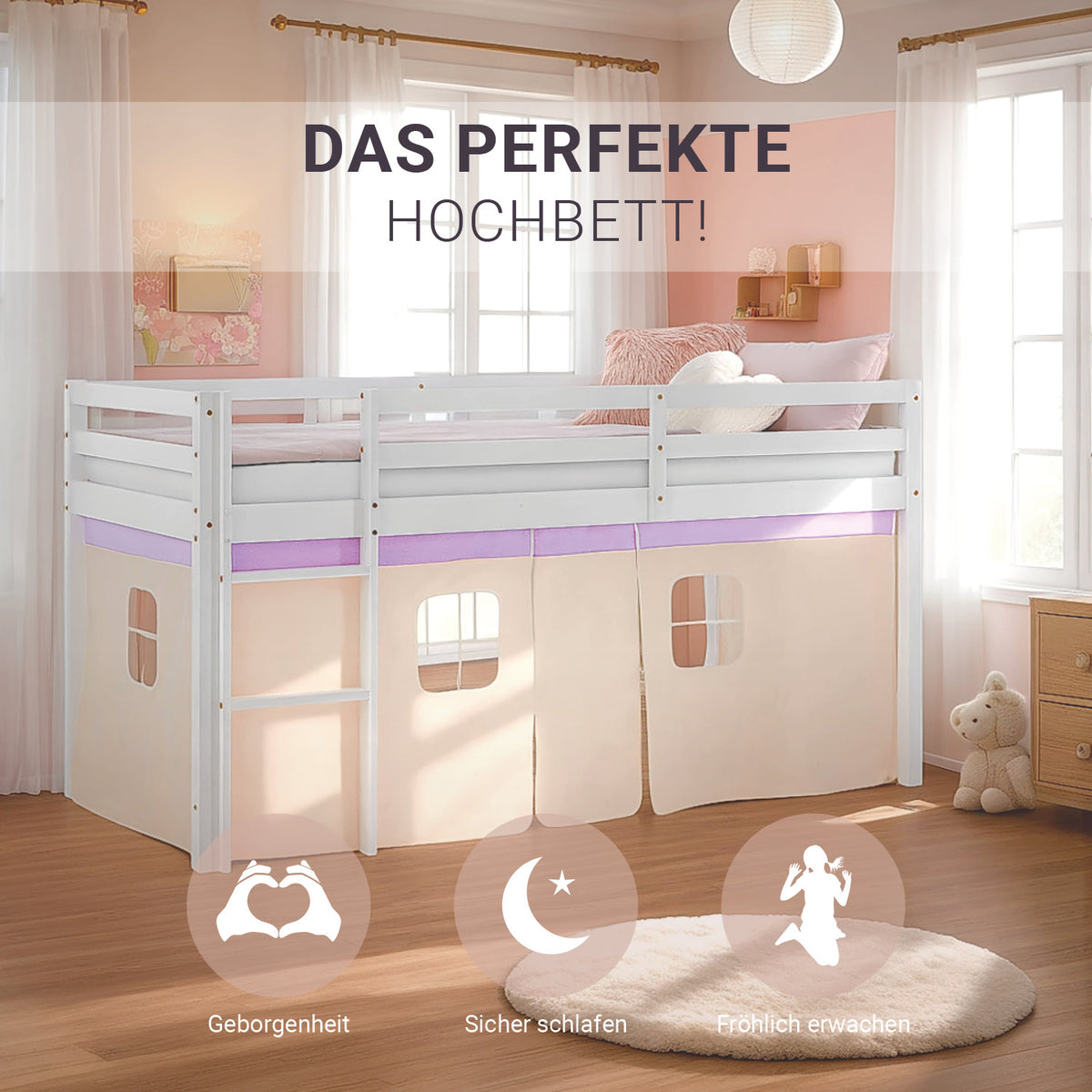 Hochbett Kinder 90x200 cm Weiss mit Vorhang in Lila Beige | ohne Lattenrost
