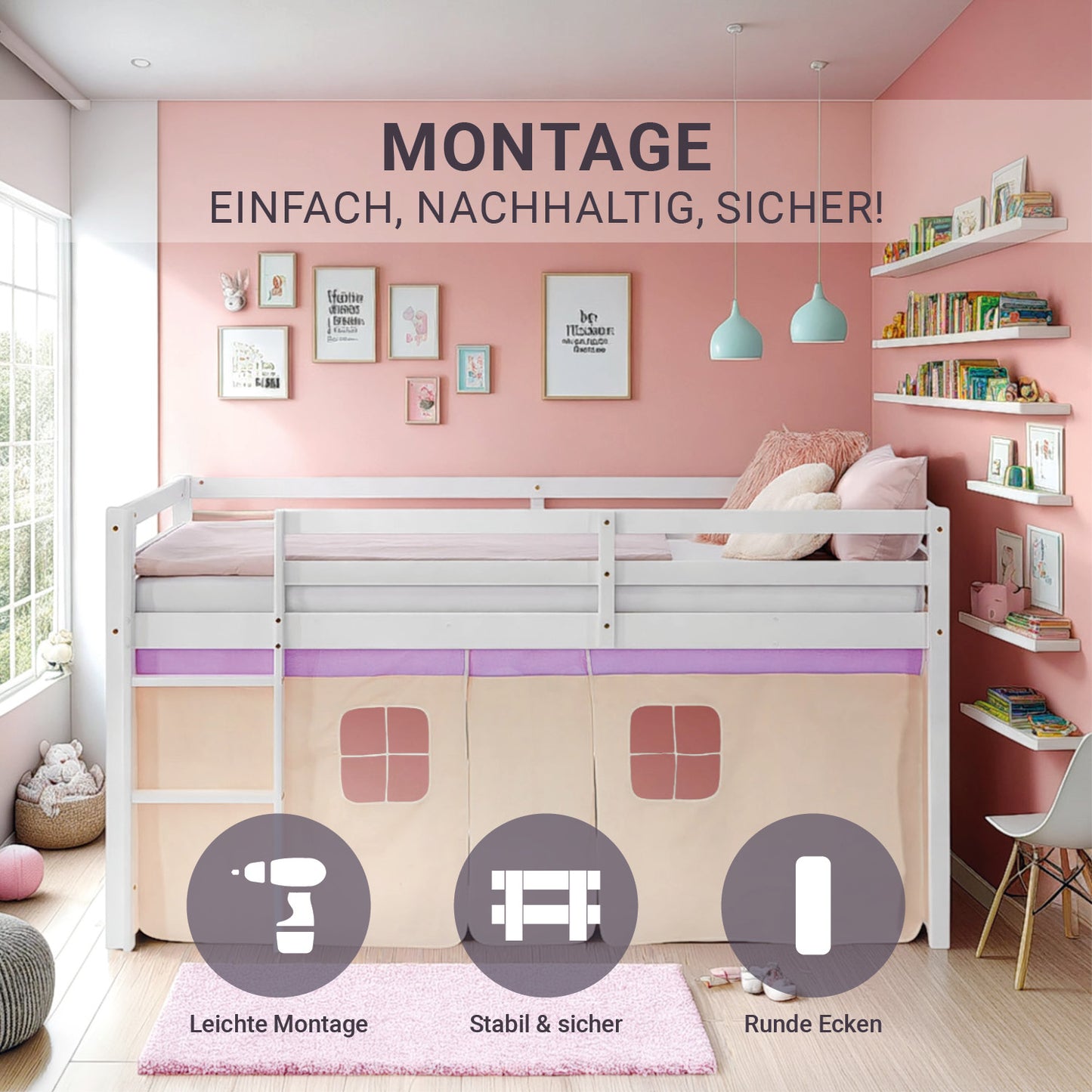 Hochbett Kinder 90x200 cm Weiss mit Vorhang in Lila Beige | ohne Lattenrost