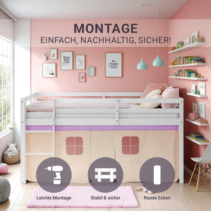 Hochbett Kinder 90x200 cm Weiss mit Vorhang in Lila Beige | ohne Lattenrost