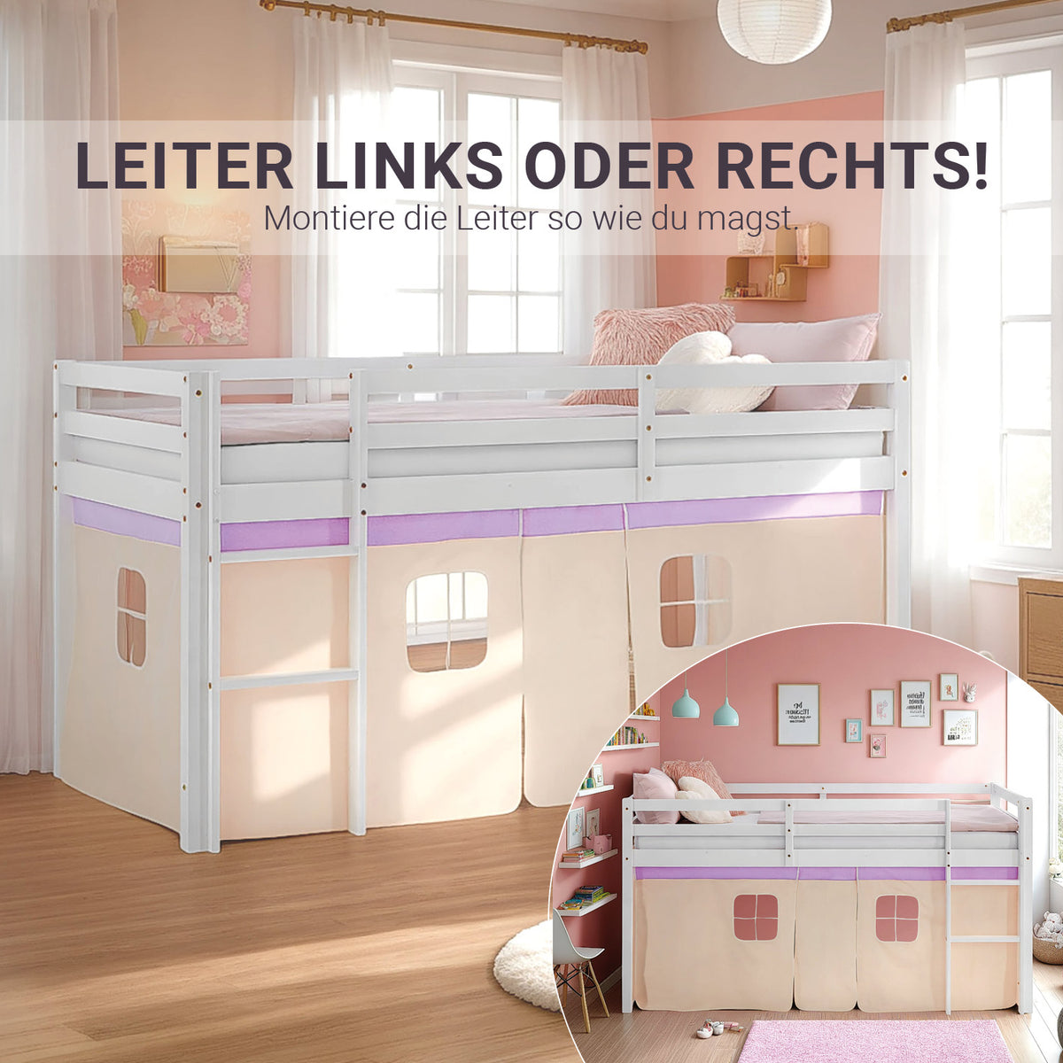 Hochbett Kinder 90x200 cm Weiss mit Vorhang in Lila Beige | ohne Lattenrost