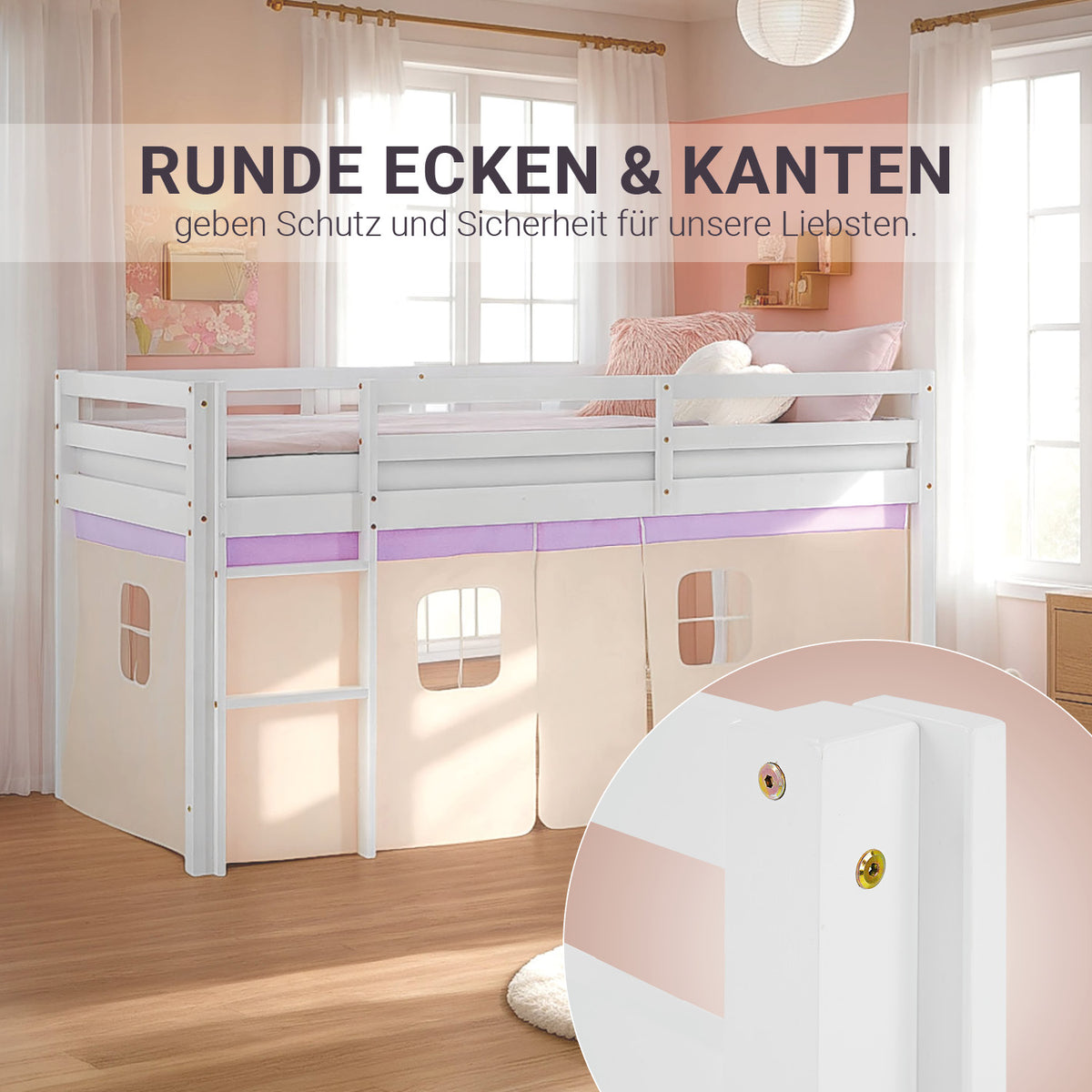 Hochbett Kinder 90x200 cm Weiss mit Vorhang in Lila Beige | ohne Lattenrost