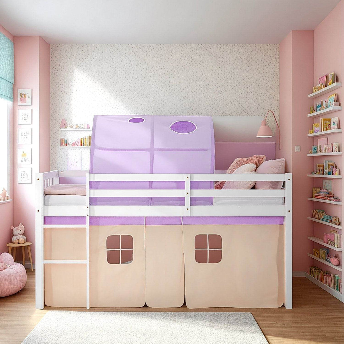 Hochbett Kinder 90x200 cm Weiß mit Vorhang in Lila Beige | Tunnel | mit Lattenrost und Matratze - Palo24