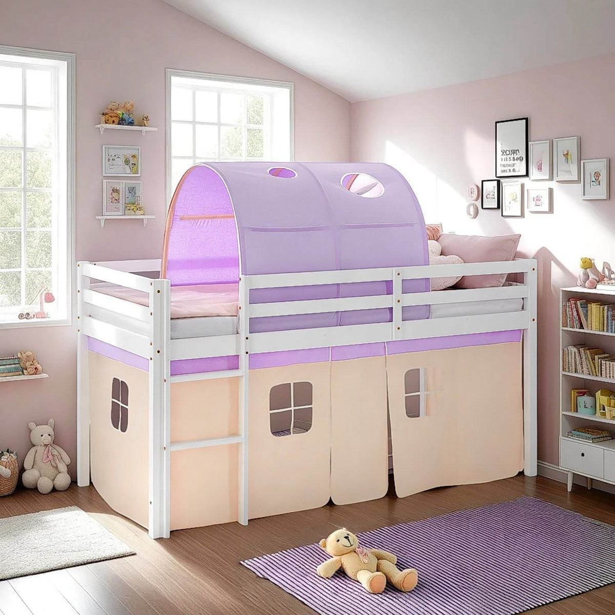 Hochbett Kinder 90x200 cm Weiß mit Vorhang in Lila Beige | Tunnel | mit Lattenrost und Matratze - Palo24