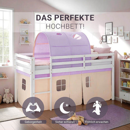 Hochbett Kinder 90x200 cm Weiß mit Vorhang in Lila Beige | Tunnel | mit Lattenrost und Matratze - Palo24