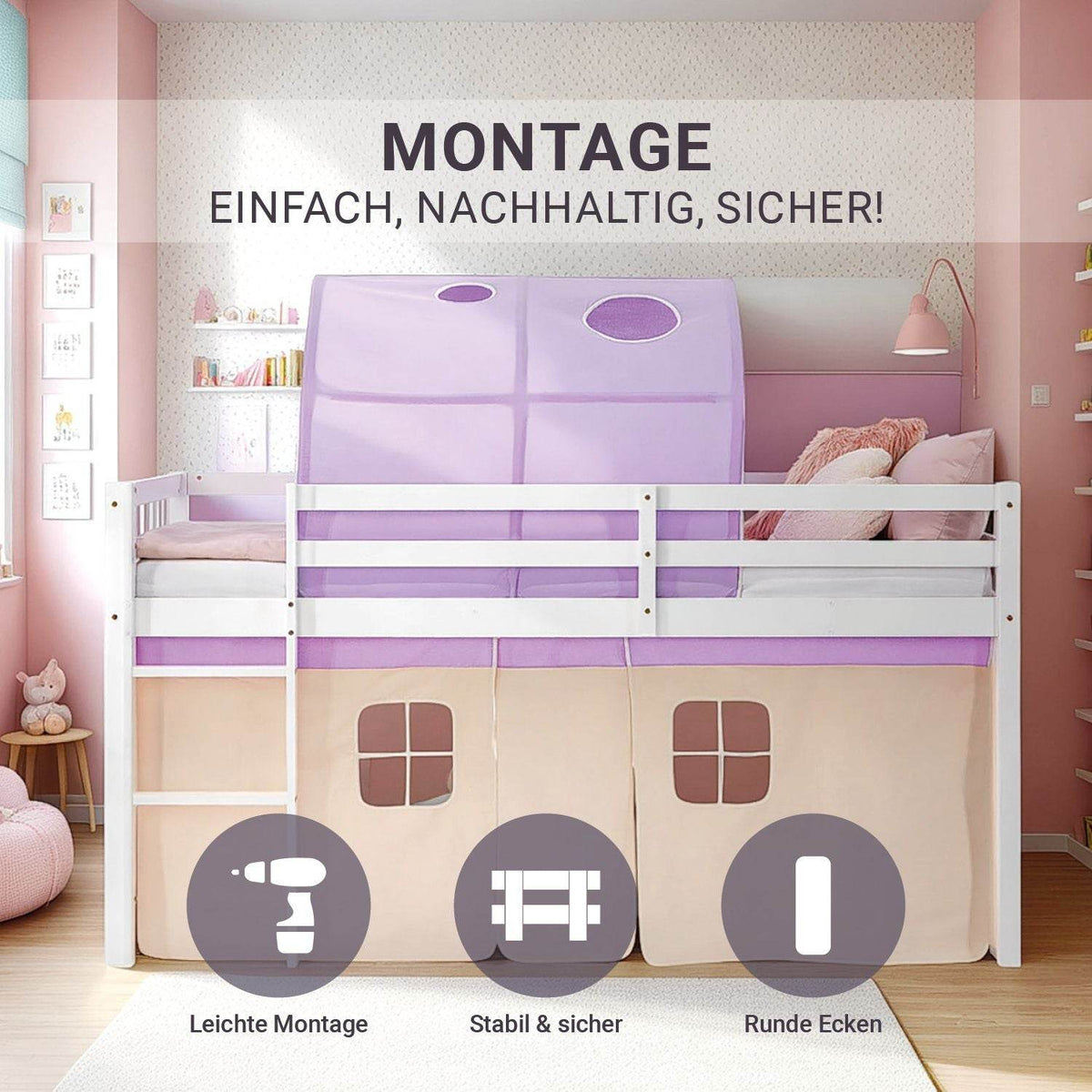 Hochbett Kinder 90x200 cm Weiß mit Vorhang in Lila Beige | Tunnel | mit Lattenrost und Matratze - Palo24