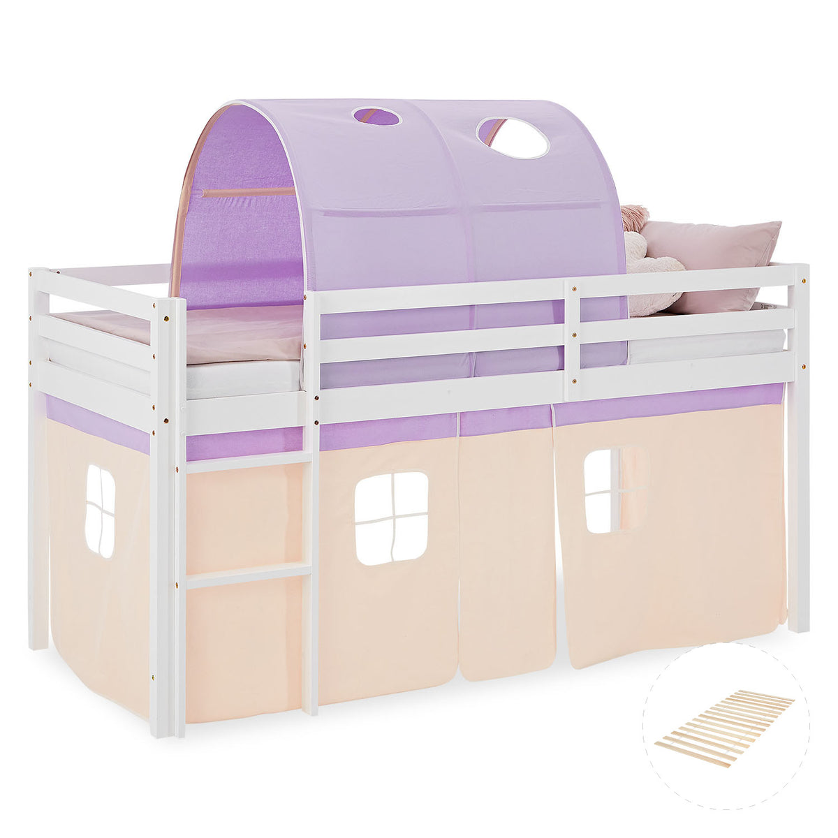 Hochbett Kinder 90x200 cm Weiß mit Vorhang in Lila Beige | Tunnel | mit Lattenrost