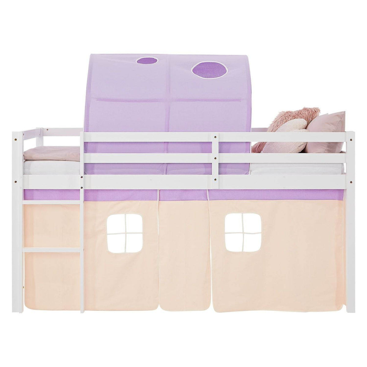 Hochbett Kinder 90x200 cm Weiß mit Vorhang in Lila Beige | Tunnel | mit Lattenrost und Matratze - Palo24