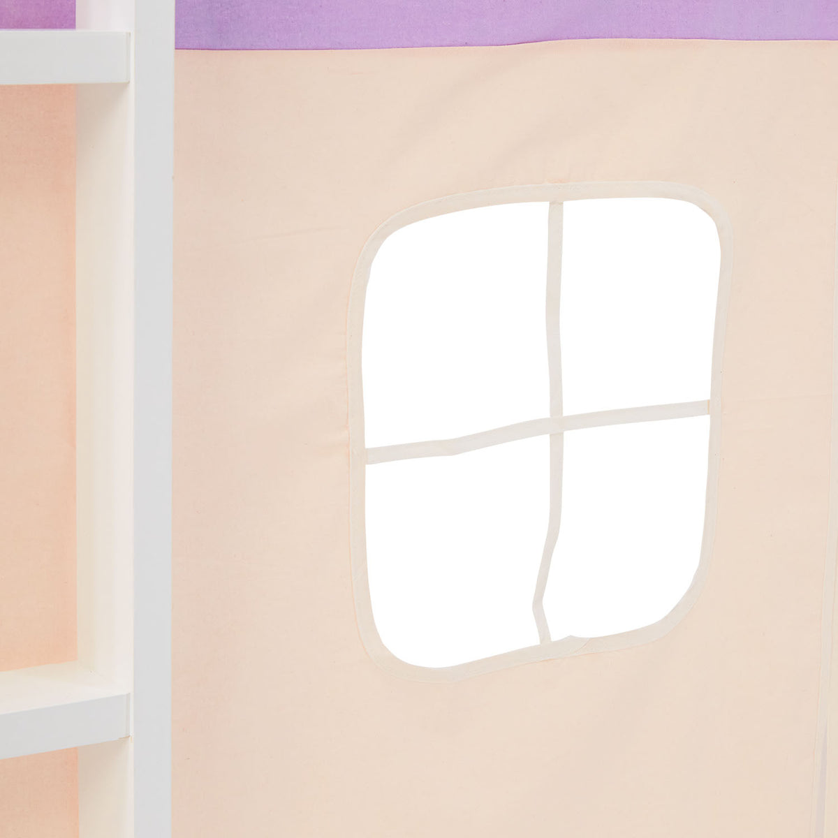 Hochbett Kinder 90x200 cm Weiß mit Vorhang in Lila Beige | Tunnel | mit Lattenrost