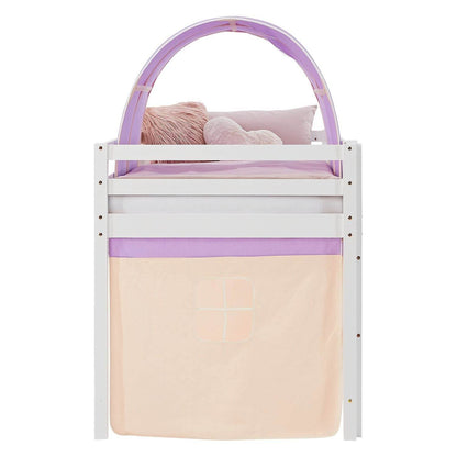 Hochbett Kinder 90x200 cm Weiß mit Vorhang in Lila Beige | Tunnel | mit Lattenrost und Matratze - Palo24