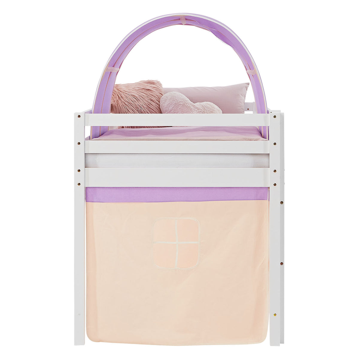 Hochbett Kinder 90x200 cm Weiß mit Vorhang in Lila Beige | Tunnel | mit Lattenrost