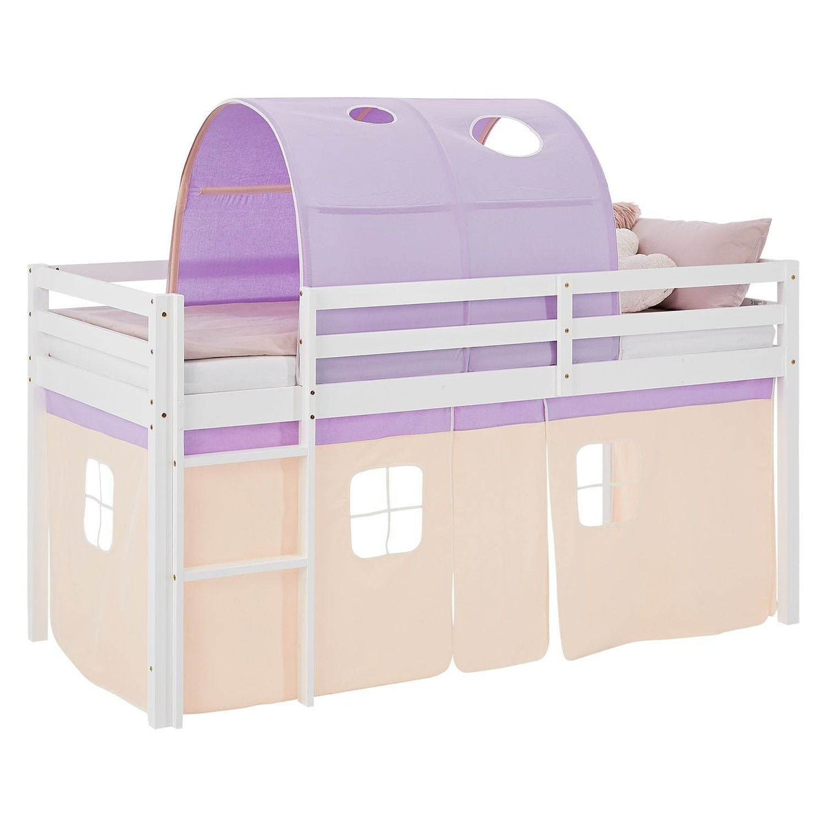 Hochbett Kinder 90x200 cm Weiß mit Vorhang in Lila Beige | Tunnel | mit Lattenrost und Matratze - Palo24