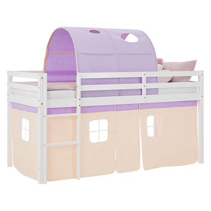 Hochbett Kinder 90x200 cm Weiß mit Vorhang in Lila Beige | Tunnel | mit Lattenrost