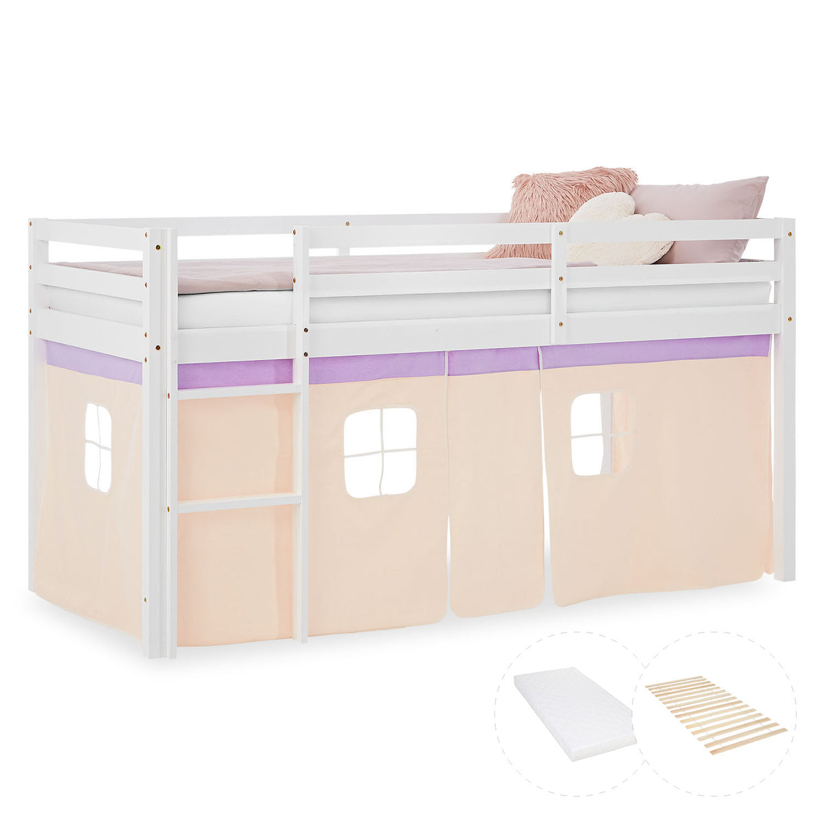 Hochbett Kinder 90x200 cm Weiss mit Vorhang in Lila Beige | mit Lattenrost und Matratze