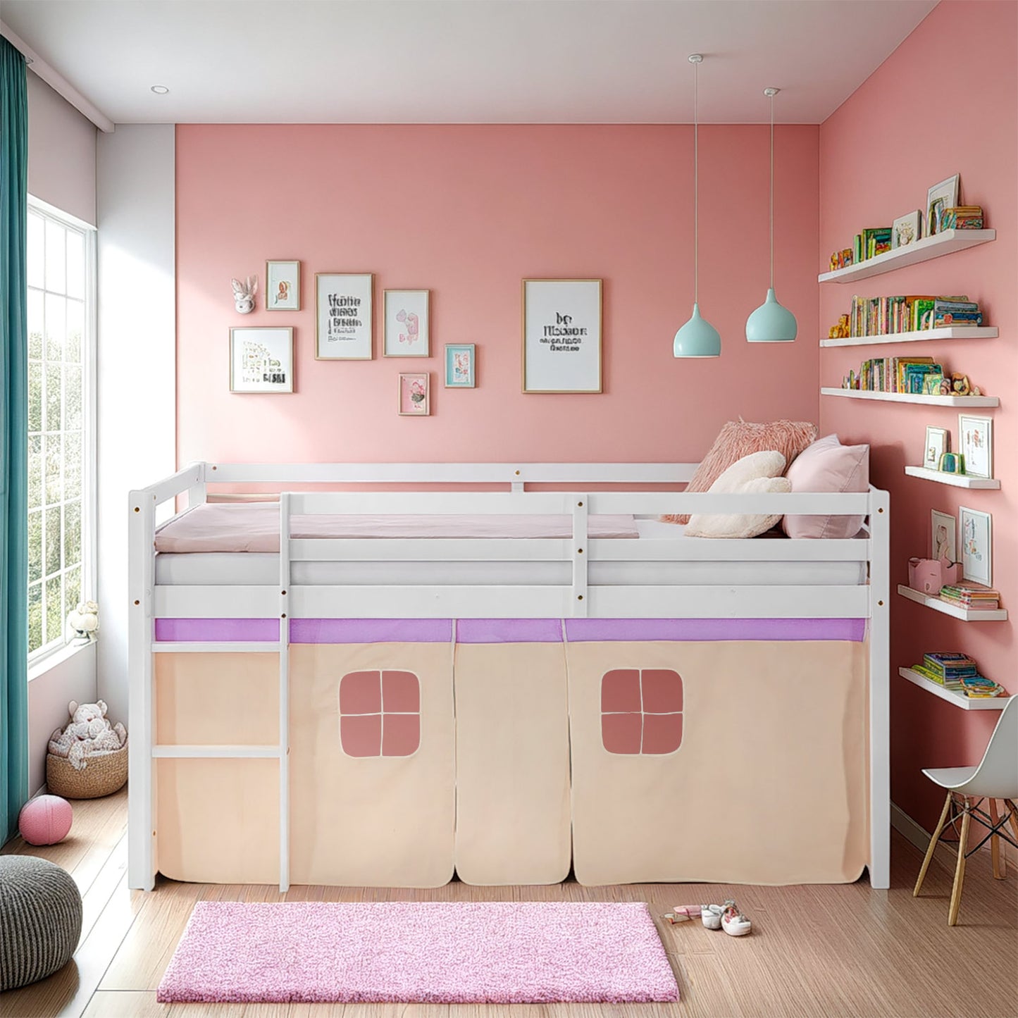 Hochbett Kinder 90x200 cm Weiss mit Vorhang in Lila Beige | mit Lattenrost und Matratze