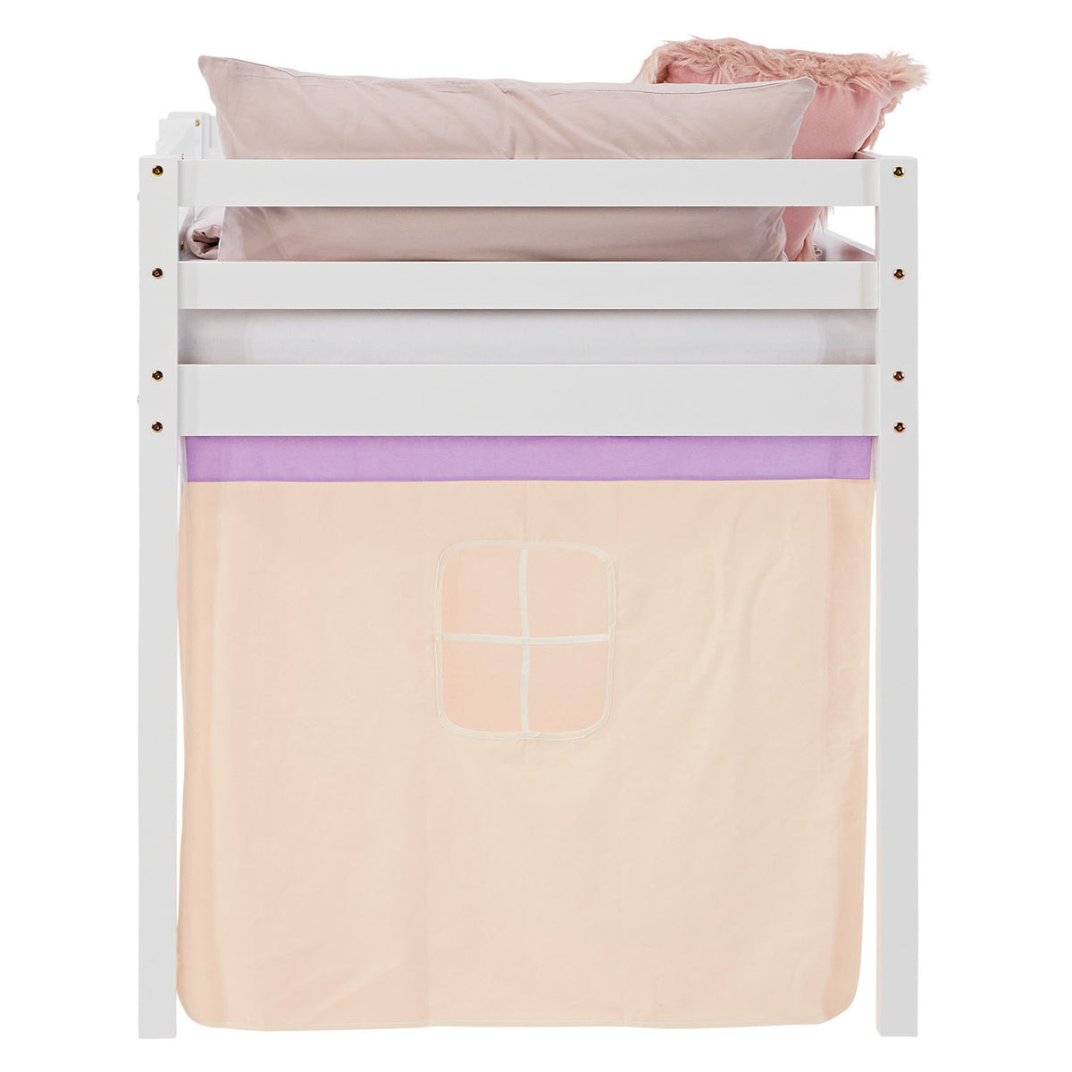 Hochbett Kinder 90x200 cm Weiss mit Vorhang in Lila Beige | mit Lattenrost und Matratze