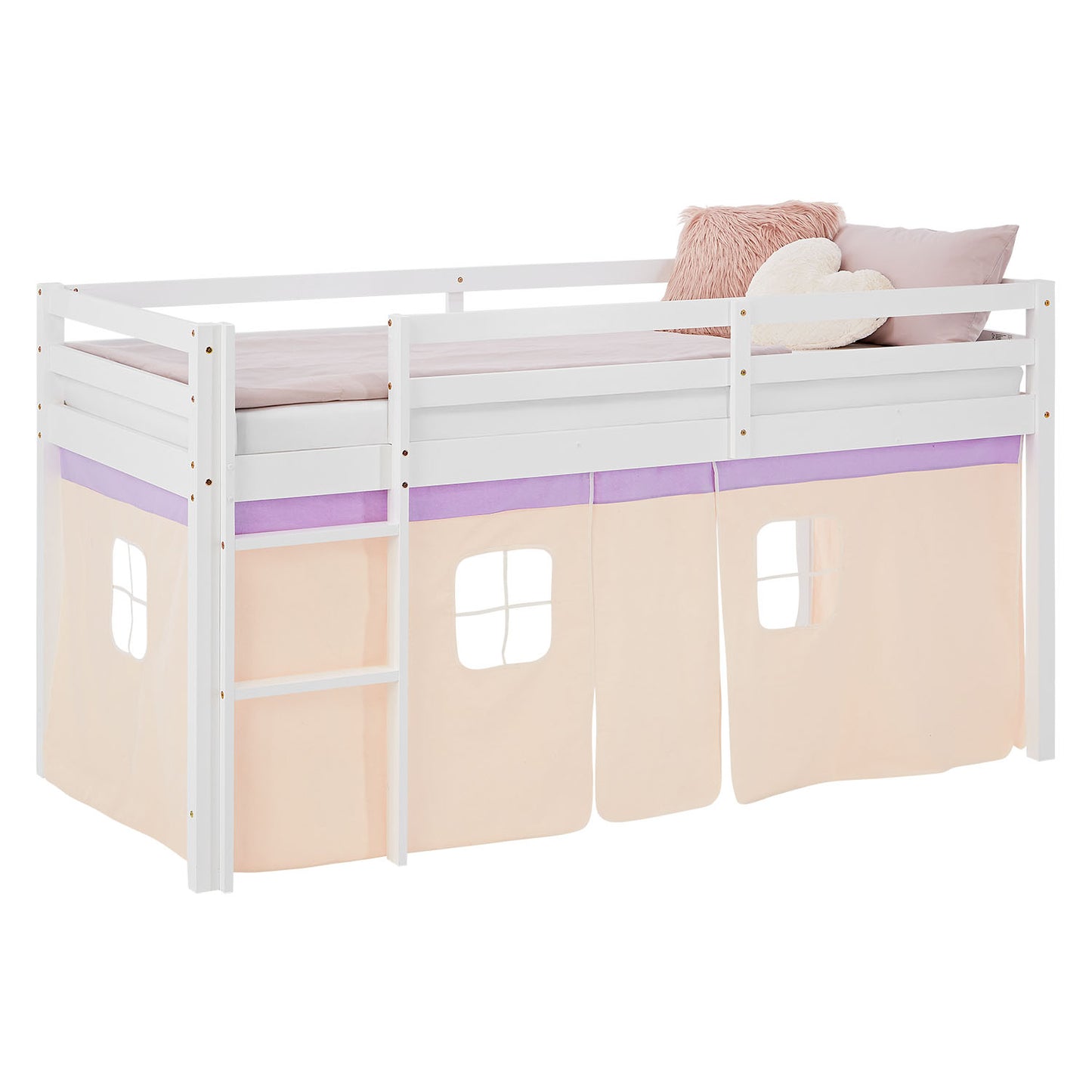 Hochbett Kinder 90x200 cm Weiss mit Vorhang in Lila Beige | mit Lattenrost und Matratze