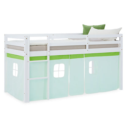 Hochbett Kinder 90x200 cm Weiss mit Vorhang in Grün | ohne Lattenrost