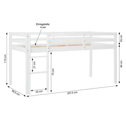 Hochbett Kinder 90x200 cm Weiss mit Vorhang in Grün | ohne Lattenrost