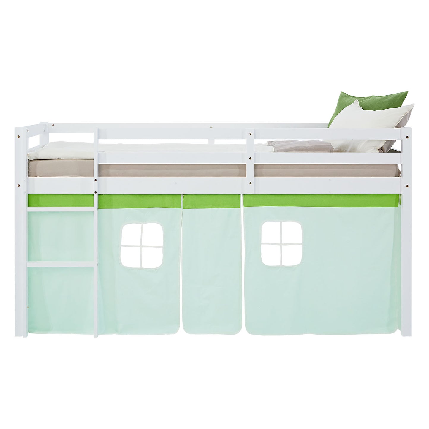 Hochbett Kinder 90x200 cm Weiss mit Vorhang in Grün | ohne Lattenrost