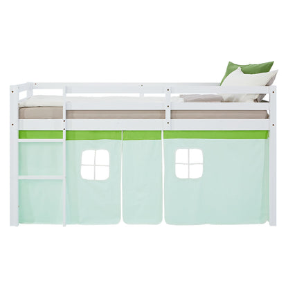 Hochbett Kinder 90x200 cm Weiss mit Vorhang in Grün | ohne Lattenrost