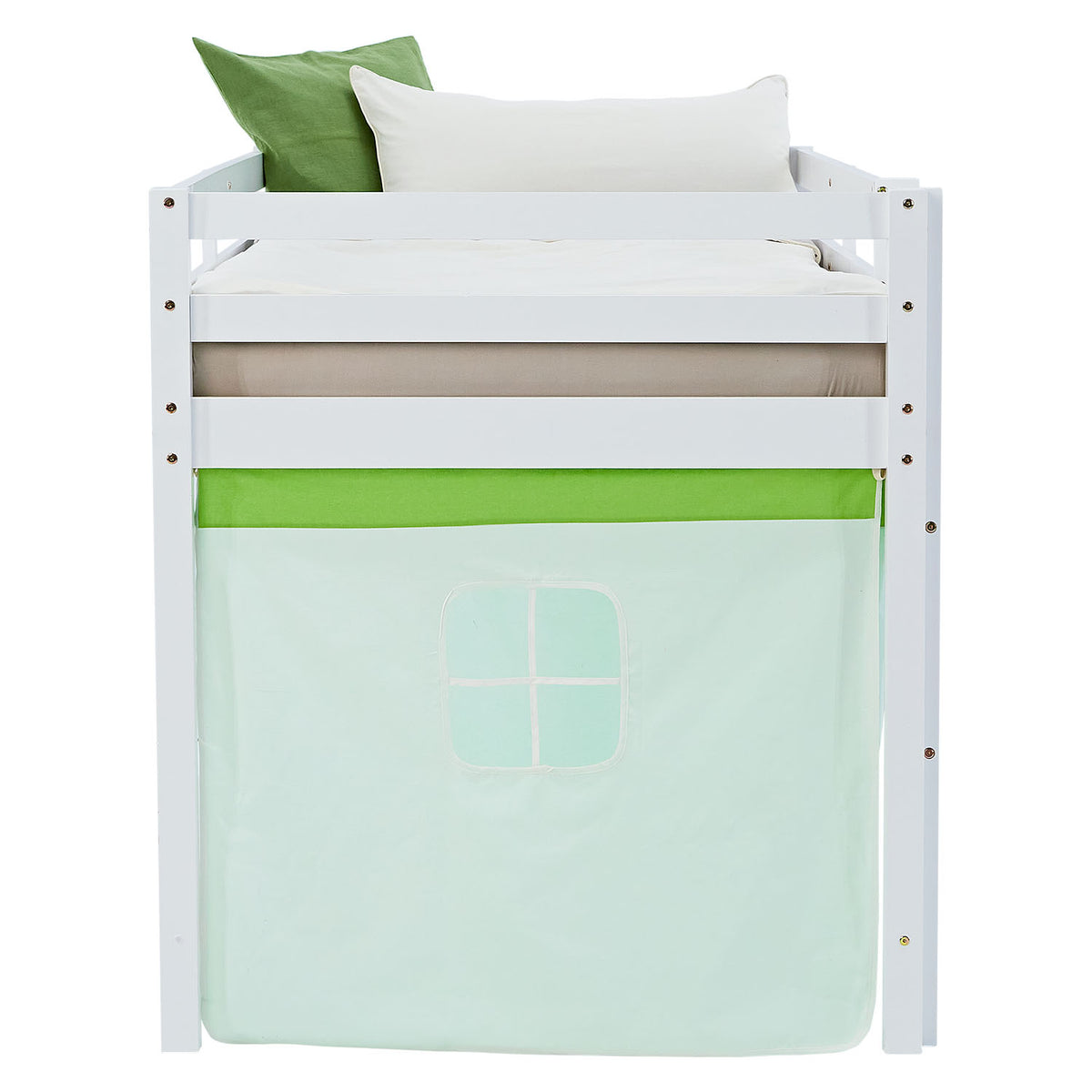 Hochbett Kinder 90x200 cm Weiss mit Vorhang in Grün | ohne Lattenrost