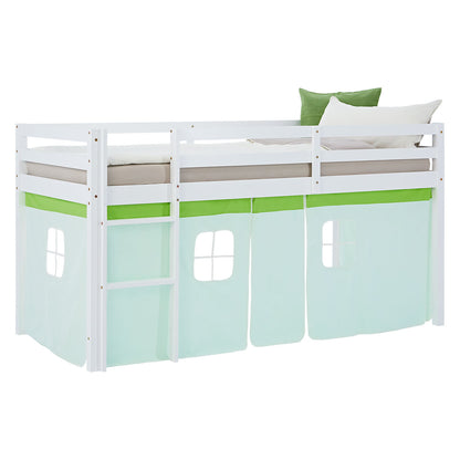 Hochbett Kinder 90x200 cm Weiss mit Vorhang in Grün | ohne Lattenrost