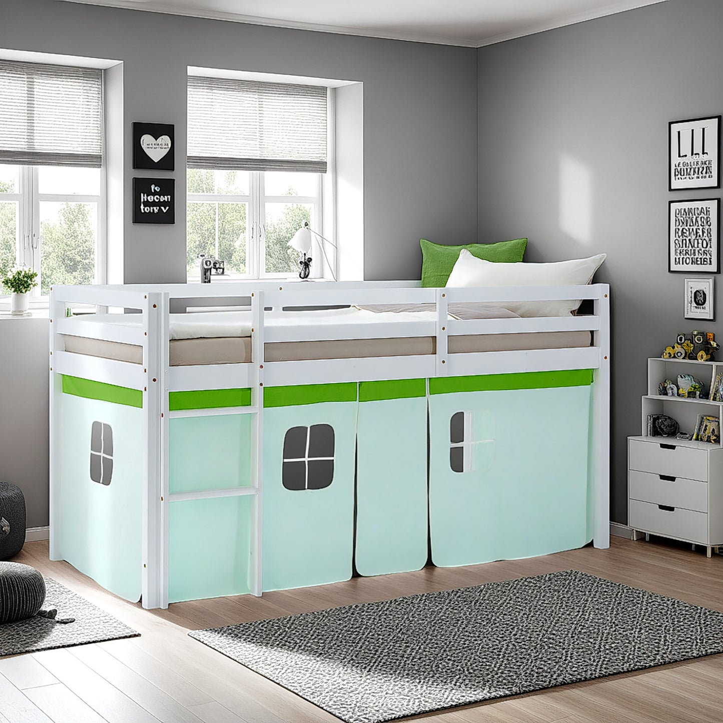 Hochbett Kinder 90x200 cm Weiss mit Vorhang in Grün | ohne Lattenrost