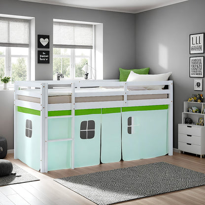 Hochbett Kinder 90x200 cm Weiss mit Vorhang in Grün | ohne Lattenrost