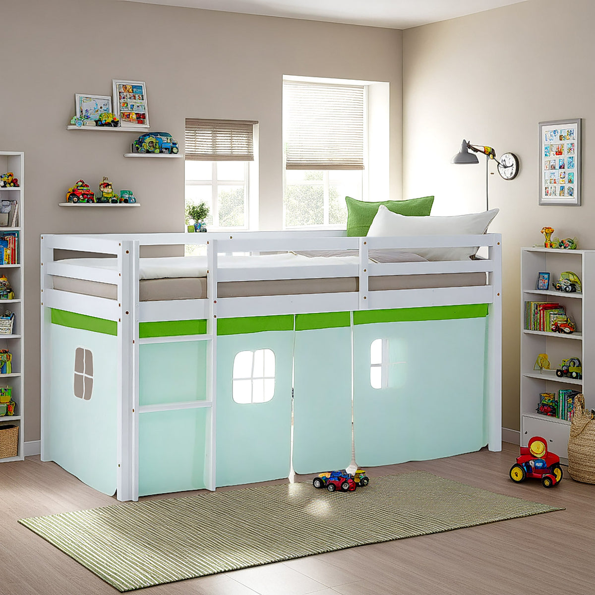 Hochbett Kinder 90x200 cm Weiss mit Vorhang in Grün | ohne Lattenrost