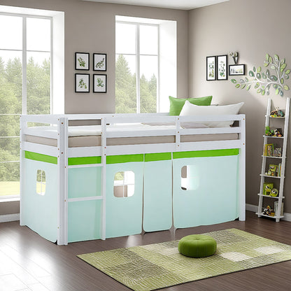 Hochbett Kinder 90x200 cm Weiss mit Vorhang in Grün | ohne Lattenrost