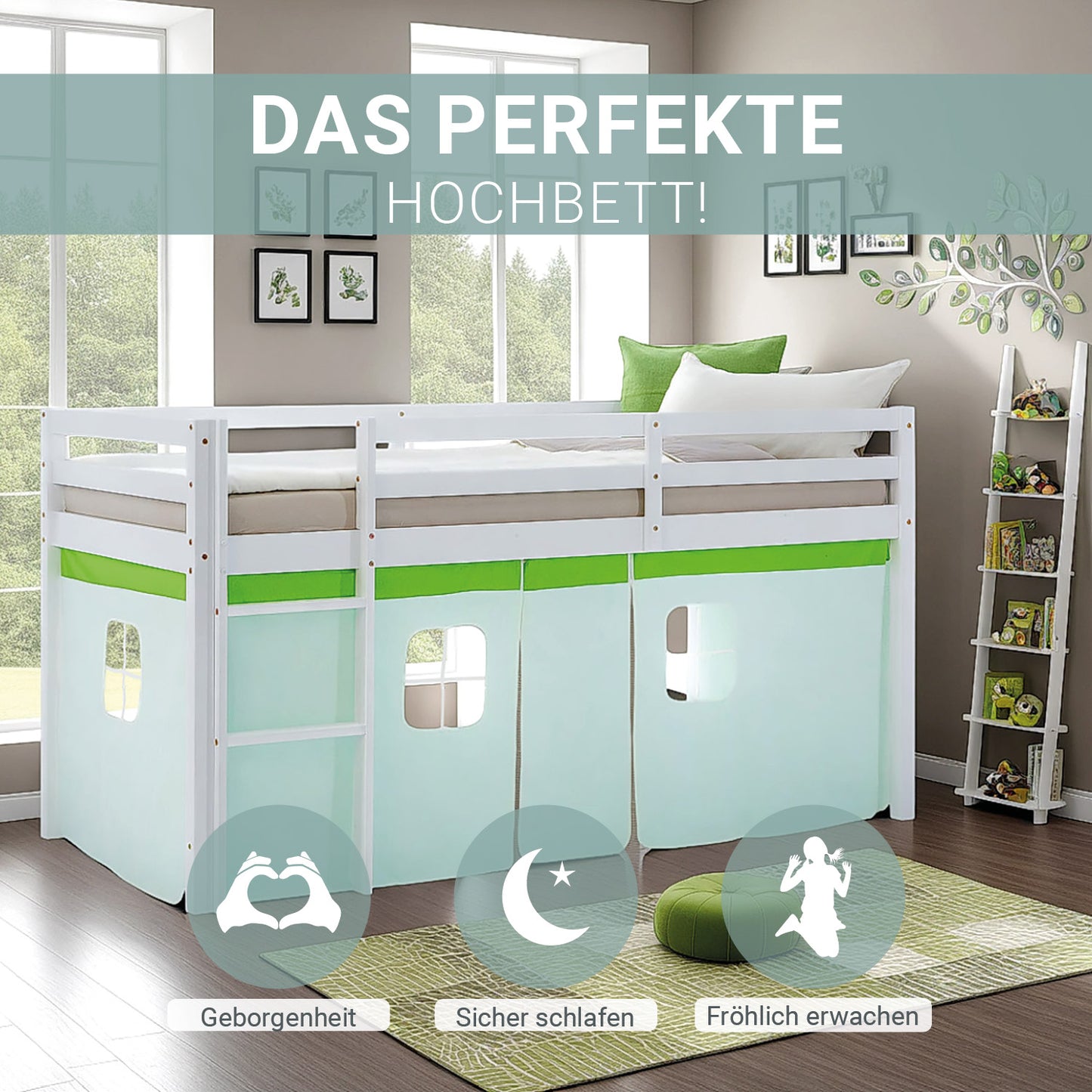Hochbett Kinder 90x200 cm Weiss mit Vorhang in Grün | ohne Lattenrost