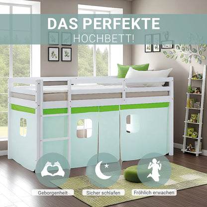 Hochbett Kinder 90x200 cm Weiss mit Vorhang in Grün | ohne Lattenrost