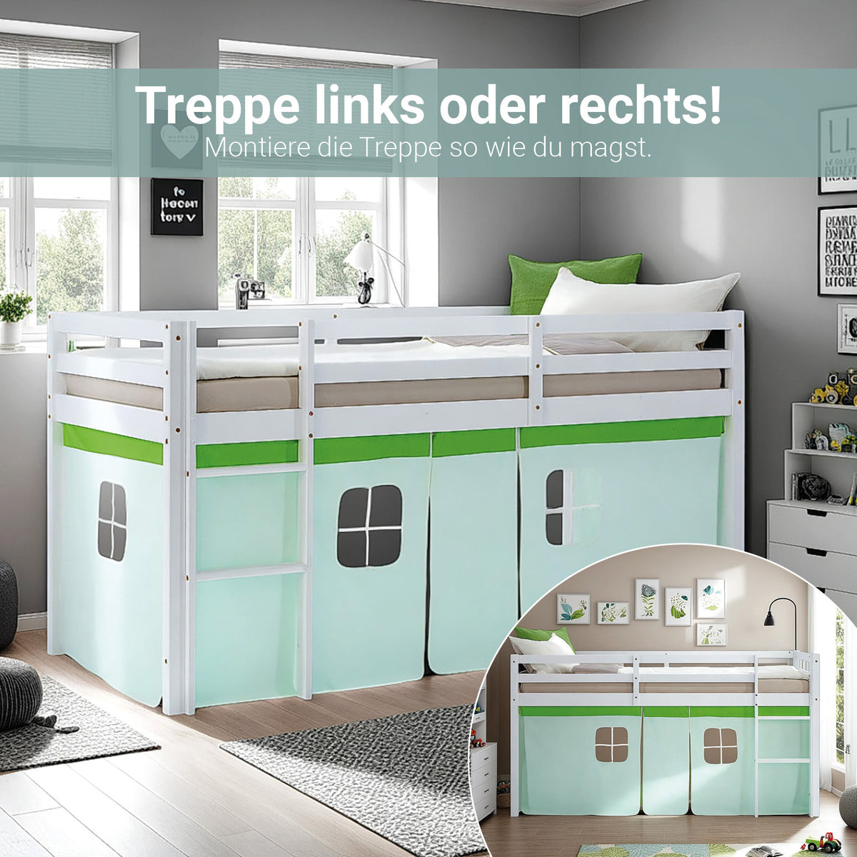 Hochbett Kinder 90x200 cm Weiss mit Vorhang in Grün | ohne Lattenrost