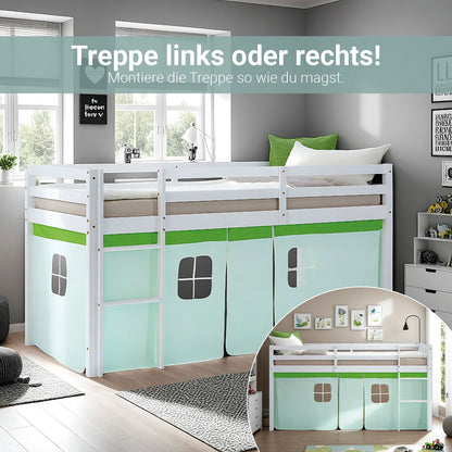 Hochbett Kinder 90x200 cm Weiss mit Vorhang in Grün | ohne Lattenrost