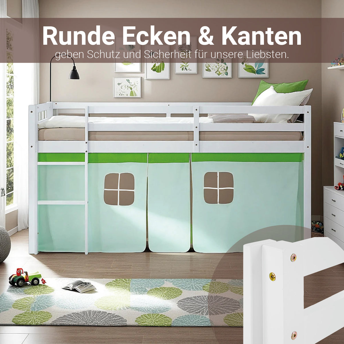 Hochbett Kinder 90x200 cm Weiss mit Vorhang in Grün | ohne Lattenrost