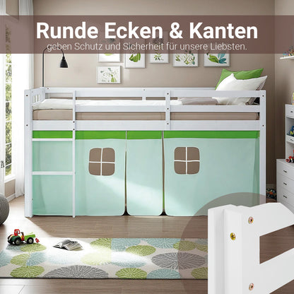 Hochbett Kinder 90x200 cm Weiss mit Vorhang in Grün | ohne Lattenrost