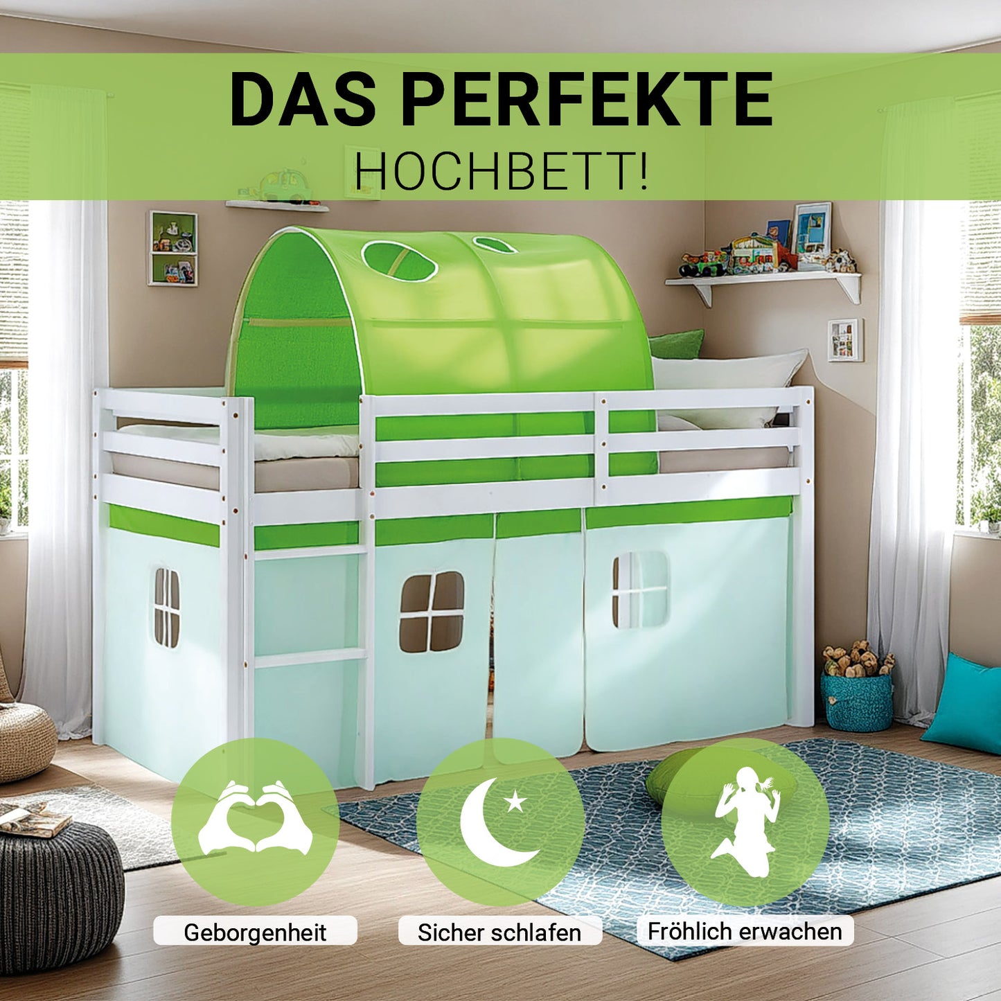 Hochbett Kinder 90x200 cm Weiss mit Vorhang in Grün | Tunnel | ohne Lattenrost