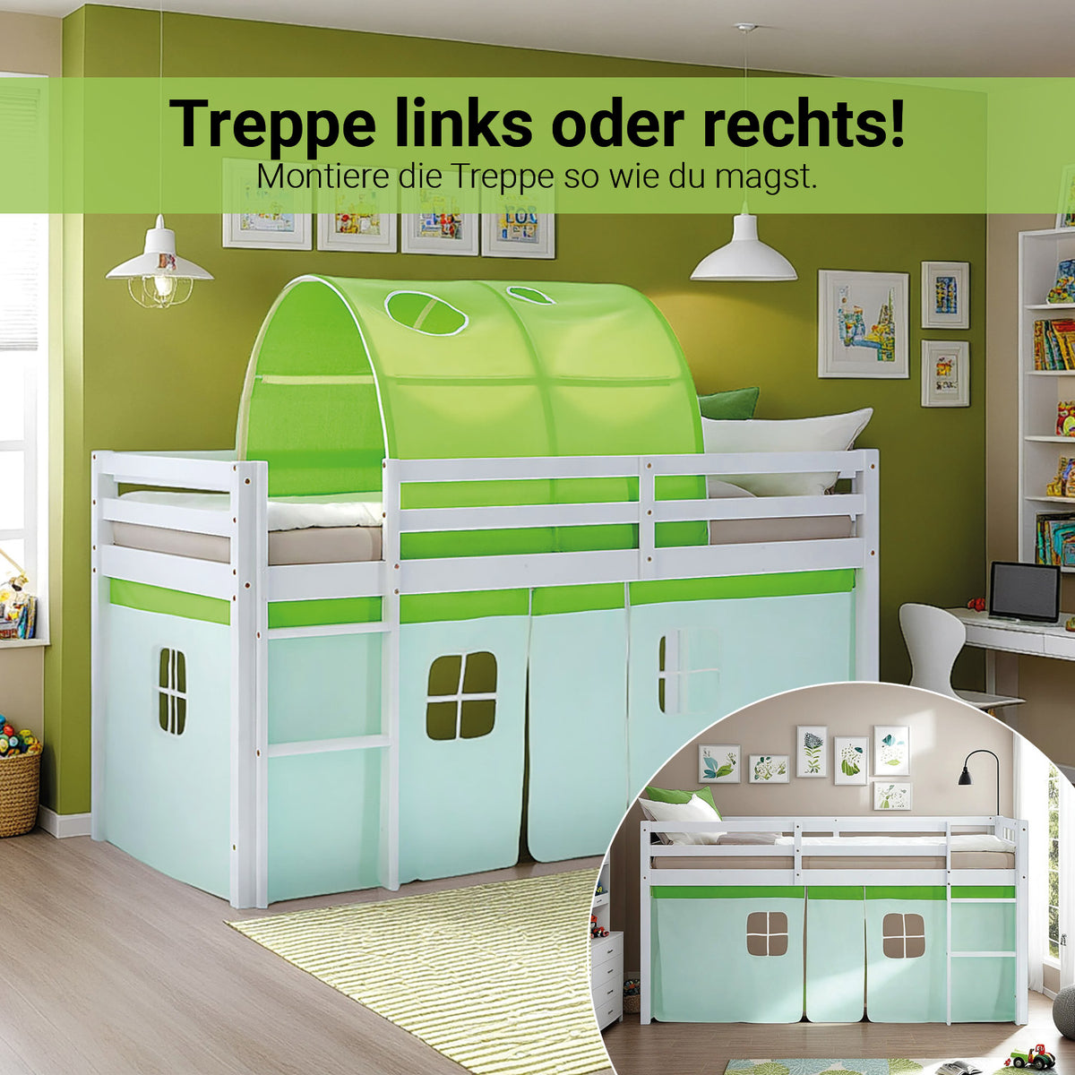 Hochbett Kinder 90x200 cm Weiss mit Vorhang in Grün | Tunnel | ohne Lattenrost