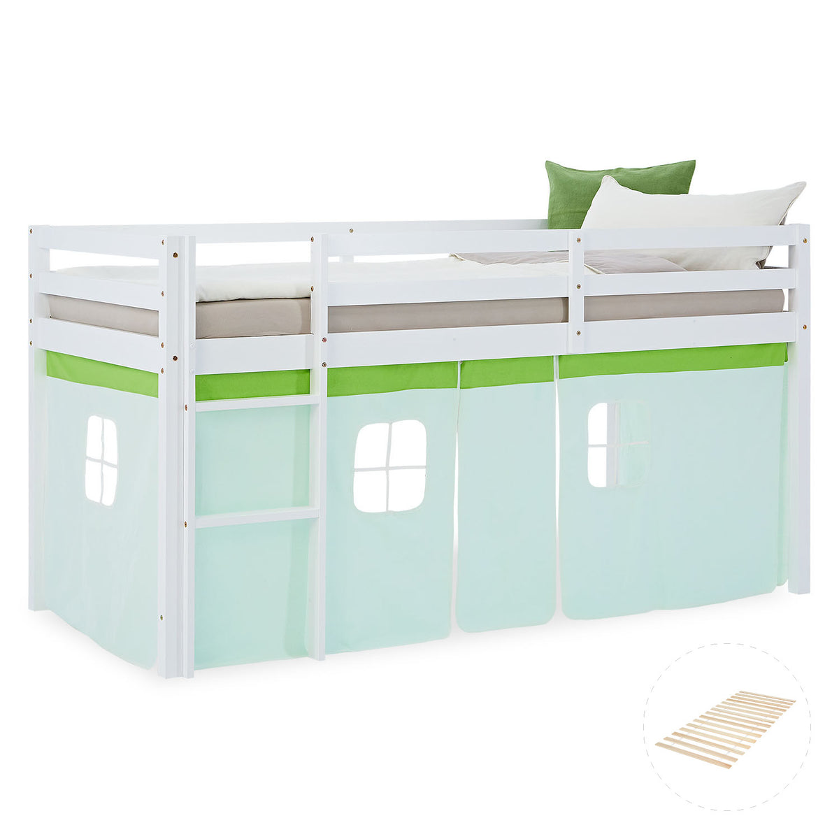 Hochbett Kinder 90x200 cm Weiss mit Vorhang in Grün | mit Lattenrost